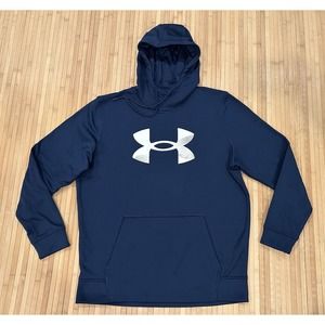 Under Armour Sweatshirt Men’s Sz L Navy Blue Hoodie Coldgear Logo Drawstring